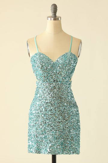 Blue Open Back Sequin Glitter Party Dress